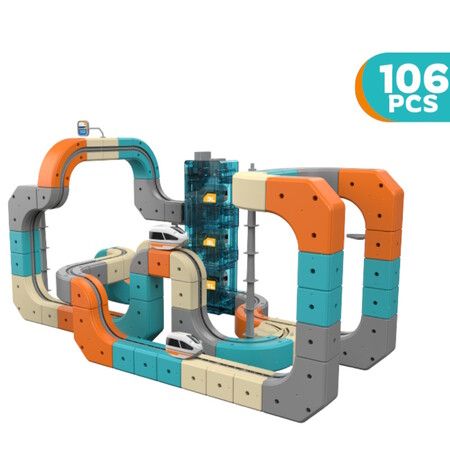 106pcs Upgraded Elevator Lift  STEM Motorised Gravity Race Car Track Preschool Montessori Building Blocks Educational DIY Kids Birthday Chirstmas Gift