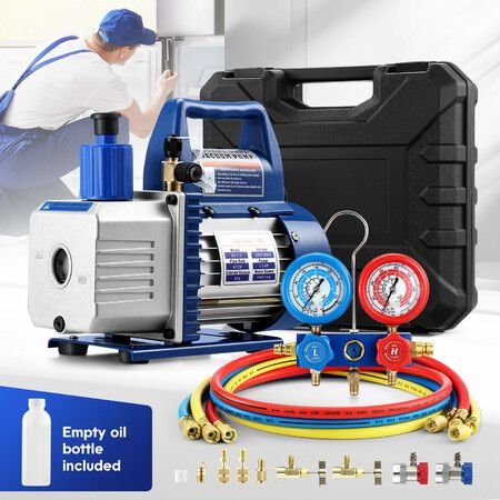 4CFM Vacuum Pump Set 1/3HP 1 Stage Air Conditioning HVAC Refrigeration AC Car Auto Repair Tools Food Clothes Packaging R134A R410 Manifold Gauges