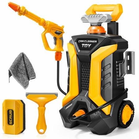 Kids Car Wash Toy with 1.3L Tank for Patio Lawn Garden Cleaning Set Self Powered Water Pressure Washer Role Playing Toy for Boys Girls Age 3+