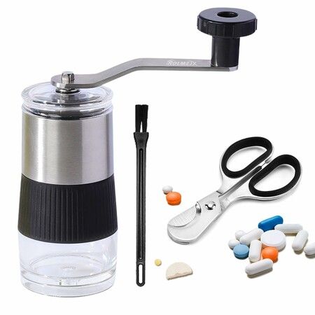 Small Portable Pill Crusher Grinder with Ergonomic Crank Handle,Grinds Pills to Fine Powder for Elderly,Crushes Multiple Small Large Tablets Vitamins