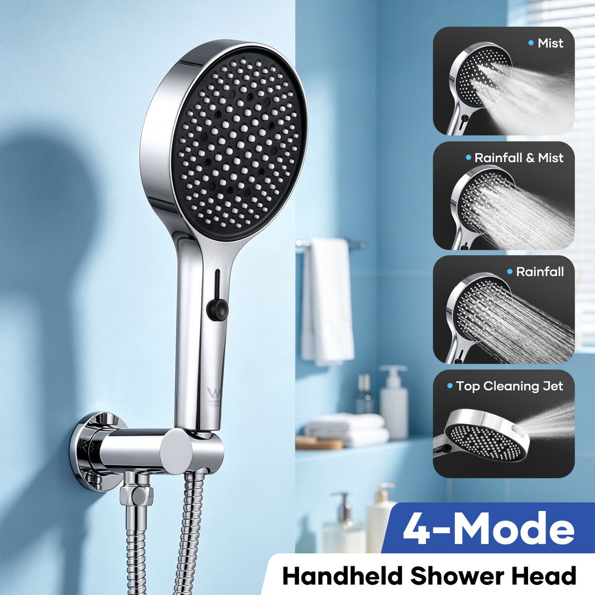 Handheld Shower Head 130mm Round High Pressure Rainfall 4 Modes 1.5m Hose Wall Holder Water Saving 4 Star 7.5LPM WELS Rated Chrome Bathroom Cleaning