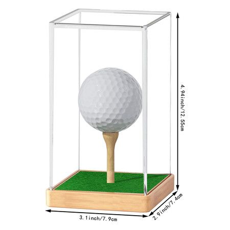 Golf Ball Display Case, Clear Acrylic Cube Holder with Wood Base and Tee, Hole in One Dust Protection Transparent Storage Box
