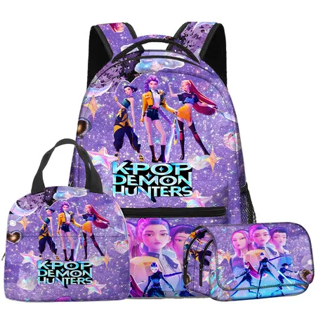 3-Piece K Pop Demon Hunters Kids School Backpack Set,Thermal Lunch Box Bag,Pencil Case,Back To School Bookbag Combo For Boys Girls