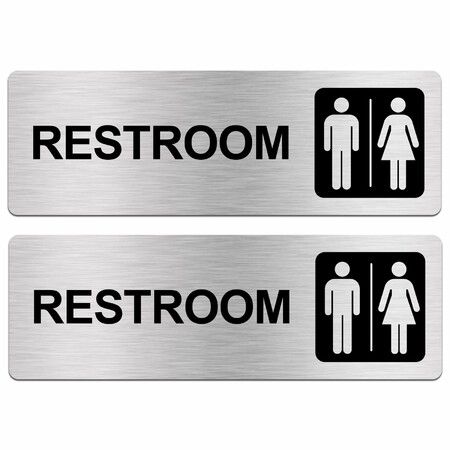 Restroom Sign for Business 9 x 3 Inches Brushed Aluminum Waterproof, Self-adhesive for Door, Restaurants, Hotels, Bathrooms, Public Restrooms (2 Pack)