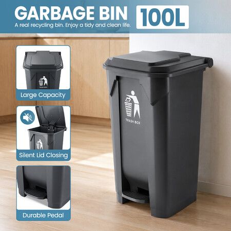 100L Pedal Rubbish Bin Recycling Compost Waste Trash Can with Lid Large Indoor Outdoor Plastic Dustbin Container Kitchen Garbage Garden Office School