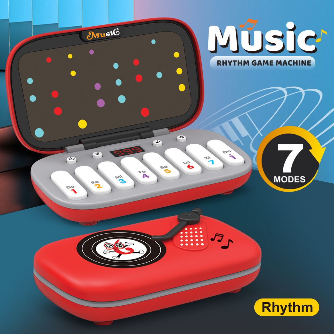 Kids Piano Keyboard Toy Light Up Musical Learning with LED Screen Interactive Dual Style Retro Rainbow Birthday Gift Present COL. RED