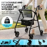 2 in 1 Foldable Rollator Walker with Seat for Seniors Elderly Mobility Aid 4 Wheel Lightweight Rolling Walking Frame Adjustable Handles 120kg Black