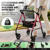 2 in 1 Foldable Rollator Walker with Seat for Seniors Elderly Mobility Aid 4 Wheel Lightweight Folding Rolling Walking Frame Adjustable Handles 120kg