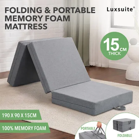 Luxsuite Tri-Fold Memory Foam Folding Mattress Single Portable Floor Cushion Washable Cover Foldable for Camping Caravan Travel Guests 190x90x15cm
