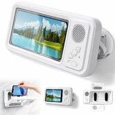 Waterproof Shower Phone Holder with Bluetooth Speaker,Wall Mounted Anti-Fog Touch Screen Case for Bathroom,Universal Hands-Free Stand Color White