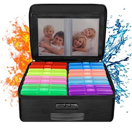 Fireproof Photo Storage Box with 16 Inner 4inch x 6inch Photo Multicolor Case, Photo Box Organizer with Lock for Photos and Valuables