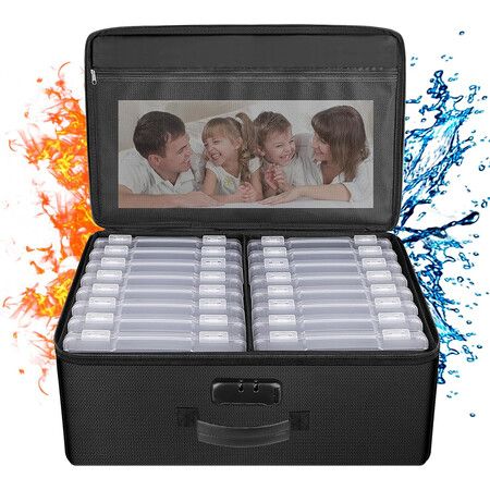 Fireproof Photo Storage Box with 16 Inner 4inch x 6inch Photo Clear Case, Photo Box Organizer with Lock for Photos and Valuables