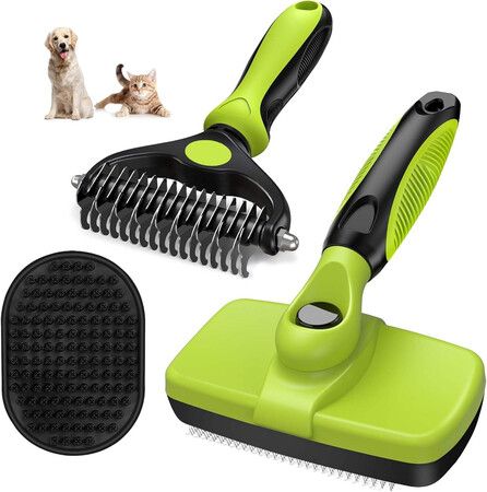 Pet Grooming Kit 3Pcs Self Cleaning Slicker Brush for Dogs Cats Double-Sided Dematting Deshedding Comb Dog Bath Massage Brush Grooming Tools, Green