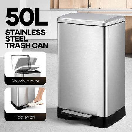 50L Stainless Steel Pedal Bin Kitchen Garbage Rubbish Waste Trash Can with Soft Close Lid Removable Inner Bucket Hands Free Foot Step Recycle Dustbin
