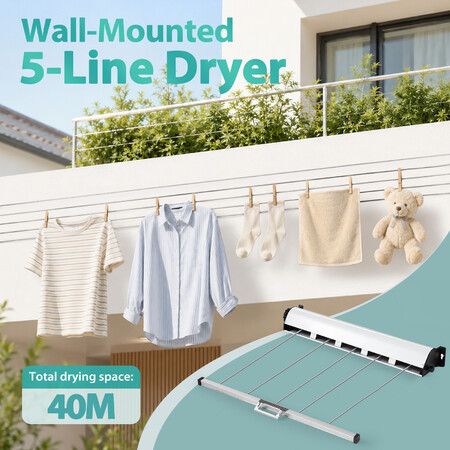 Retractable Clothesline 40m 5 Line Wall Washing Clothes Dryer Airer Rack Outdoor Wet Dry Laundry Garment Pull Out Air Drying Cord Galvanised Steel