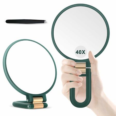 40X Magnifying Mirror Double Sided,1X 40X Portable Hand Folding Makeup Mirror For Desktop Bathroom,Travel Vanity Essential For Women,Color Green