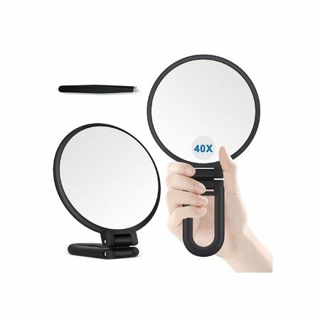 40X Magnifying Mirror Double Sided,1X 40X Portable Hand Folding Makeup Mirror For Desktop Bathroom,Travel Vanity Essential For Women,Color Black