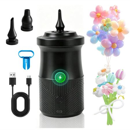 2-in-1 Electric Balloon Inflator, Cordless Rechargeable Portable Air Blower for Long Latex Balloons, Birthday Wedding Party Decorations (Black)