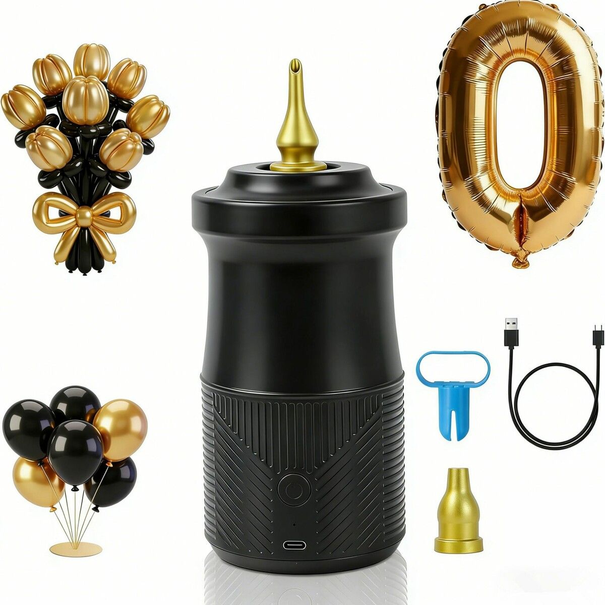2-in-1 Electric Balloon Inflator, Cordless Rechargeable Portable Air Blower for Long Latex Balloons, Birthday Wedding Party Decorations (Black Gold)