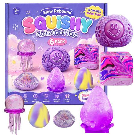 6 Pack Slow Rising Squishy Toy Set, Sensory Stress Relief Soft Silicone Toys, Soft and Bouncy Stress Relief Toys, Anxiety Relief Party Favors