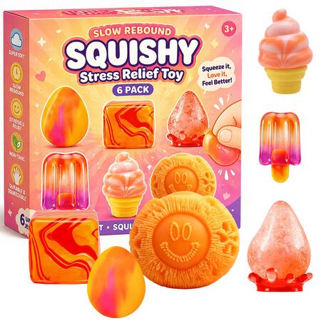 6 Pack Slow Rising Squishy Toy Set, Sensory Stress Relief Soft Silicone Toys, Soft and Bouncy Stress Relief Toys, Anxiety Relief Party Favors