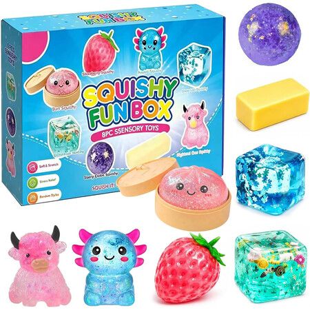 Squishy Blind Box 8 Piece Set, Malt Sugar Slow Return Mystery Squishy Box, Funny Food Animals Sensory Toy for Stress Relief Party Favors Gift
