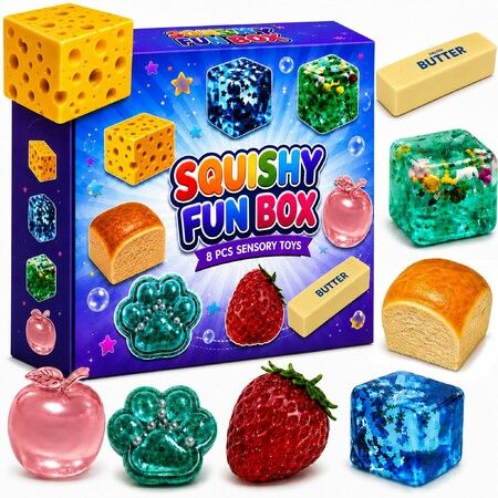 Squishy Blind Box 8 Piece Set, Malt Sugar Slow Return Mystery Squishy Box, Funny Food Sensory Toy for Stress Relief Party Favors Gift