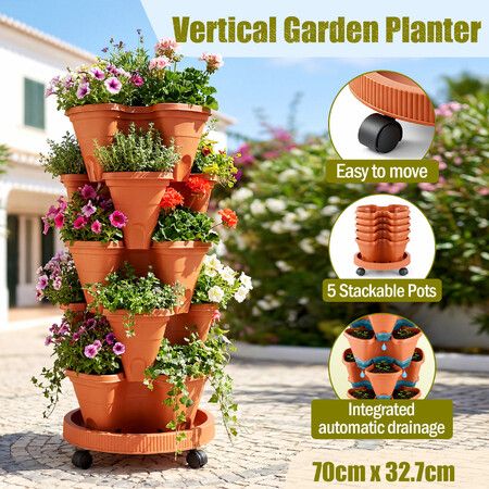 Vertical Planter Tower with Wheels 5 Tier Stackable Strawberry Herb Vegetable Flower Pots Indoor Outdoor Rolling Raised Garden Bed Self Drainage System