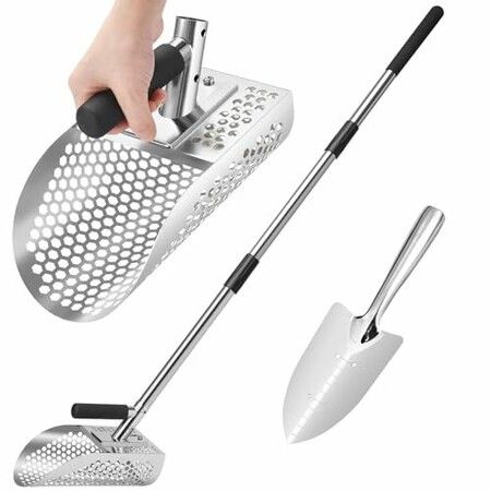 Stainless Steel Sand Scoop for Metal Detecting,Heavy Duty Beach Shovel Sifter with Long Handle,Treasure Hunting Tools Accessories,Flea Rake