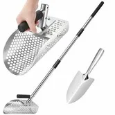 Stainless Steel Sand Scoop for Metal Detecting,Heavy Duty Beach Shovel Sifter with Long Handle,Treasure Hunting Tools Accessories,Flea Rake