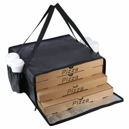 20"x20"x8" Thermal Pizza Delivery Bag with 4 Builtin Cup Holders, Reusable Insulated Commercial Food Carrier for Takeaway Catering, Black
