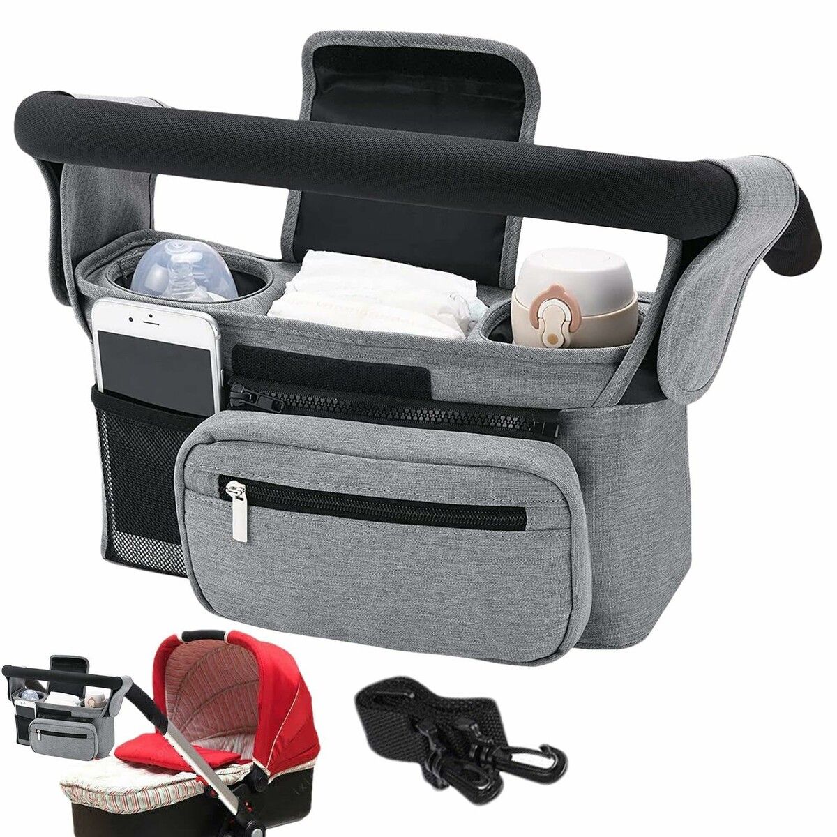 Universal Stroller Organizer with Insulated Cup Holders,Detachable Phone Bag Shoulder Strap,Fits Baby Umbrella Jogger Pet Pram,Grey
