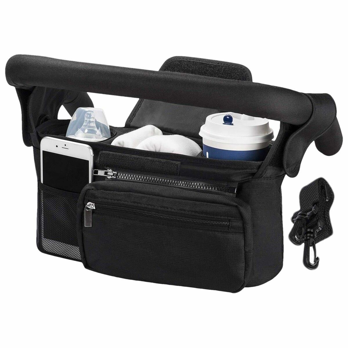 Universal Stroller Organizer with Insulated Cup Holders,Detachable Phone Bag Shoulder Strap,Fits Baby Umbrella Jogger Pet Pram,Black