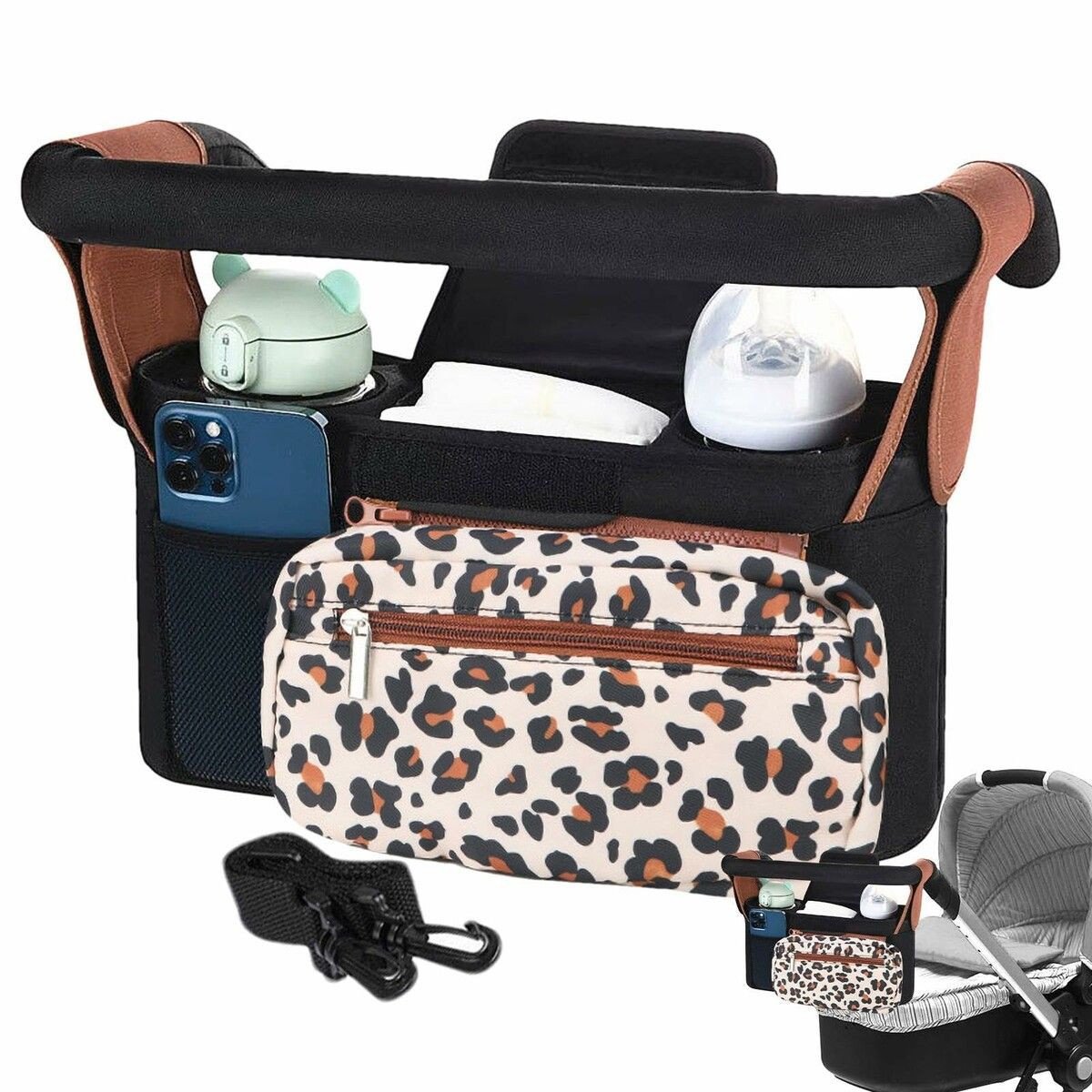 Universal Stroller Organizer with Insulated Cup Holders,Detachable Phone Bag Shoulder Strap,Fits Baby Umbrella Jogger Pet Pram,Leopard Print