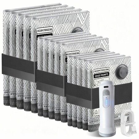 15 Pack Travel Vacuum Bags with Electric Pump, Cordless Space Saver Storage Seal, Luggage Compression Packing Cubes for Clothing
