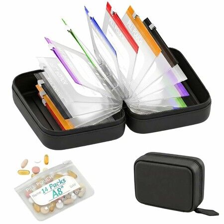 14 Pcs Waterproof Crush Resistant Pill Pouch Set, Portable Travel Medicine Storage Bags for 7–14 Day Medication, Black