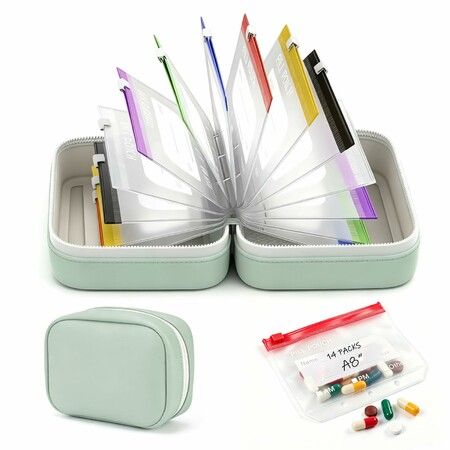 14 Pcs Waterproof Crush Resistant Pill Pouch Set, Portable Travel Medicine Storage Bags for 7–14 Day Medication, Green