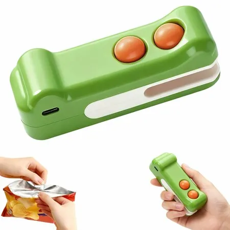 2 in 1 USB-C Rechargeable Mini Bag Sealer with Cutter & Magnet, Crocodile Shape Portable Handheld Plastic Snack Bag Resealer, Green