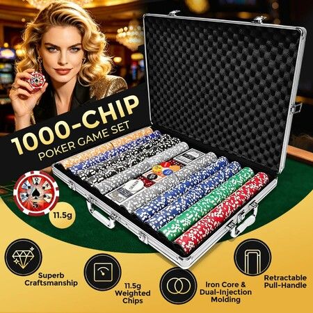 1000PCS Casino Poker Chips Game Play Set Professional Texas Holdem Blackjack Cards Dice Blinds Gambling Party Club Locking Aluminium Trolley Case