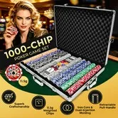 1000PCS Casino Poker Chips Game Play Set Professional Texas Holdem Blackjack Cards Dice Blinds Gambling Party Club Locking Aluminium Trolley Case
