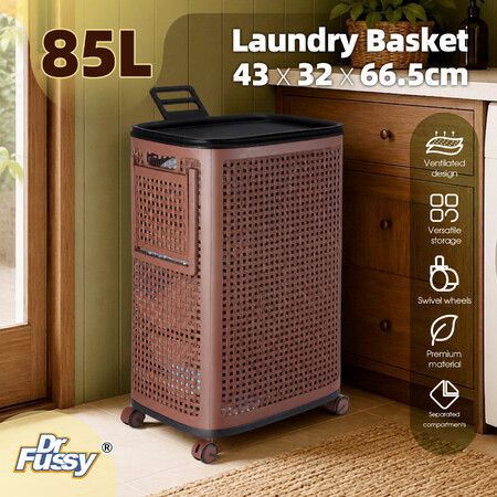 85L Laundry Basket Hamper Washing Dirty Towel Clothes Storage Organiser Bin 2 Removable Side Section Sorter Lid Wheels Rolling Plastic Holder Bathroom