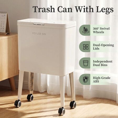 Elevated Kitchen Rubbish Recycling Bin with Wheels 2 Compartment Dual Waste Sorter Dustbin Garbage Trashcan Press Top Lift Lid Bucket 45.5x24.5x68.5cm