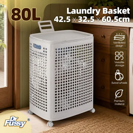 80L Laundry Basket Hamper with Wheels Lid Large Rolling Washing Dirty Towel Clothes Storage Organiser Bin Ventilated Plastic Holder Bathroom Trolley