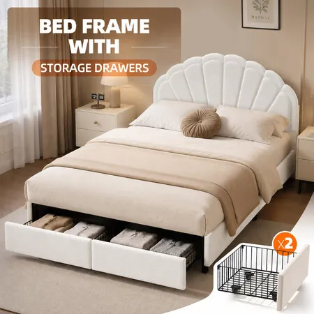 Queen Bed Frame with 2 Storage Drawers Upholstered Mattress Base Headboard Wooden Slat Support Metal Platform Sleeping Foundation Bedroom Furniture