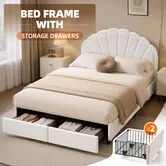 Queen Bed Frame with 2 Storage Drawers Upholstered Mattress Base Headboard Wooden Slat Support Metal Platform Sleeping Foundation Bedroom Furniture