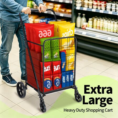 Folding Shopping Trolley Cart 40kg Heavy Duty Foldable Portable Grocery Storage Wheeled Rolling Utility Market Laundry Granny Camping Dolly Steel