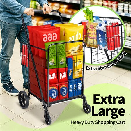 Folding Shopping Trolley Cart 40kg Foldable Portable Grocery Storage with Rear Basket Wheeled Rolling Utility Market Laundry Granny Camping Dolly Steel