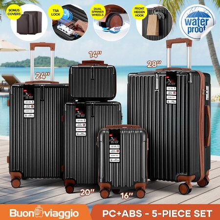 Luggage Set 5 Piece Suitcases Carry On Travel Case Cabin Hard Shell Trolley Travelling Bags Hand Baggage Lightweight Rolling with TSA Lock Front Hook