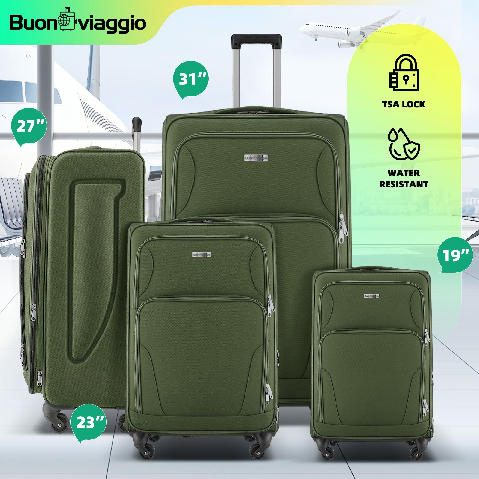 Luggage Suitcases Set 4 Piece Carry On Travel Case Soft Sided Cabin Checked Travelling Bags TSA Lock Rolling Trolley Expandable Traveller Hand Baggage