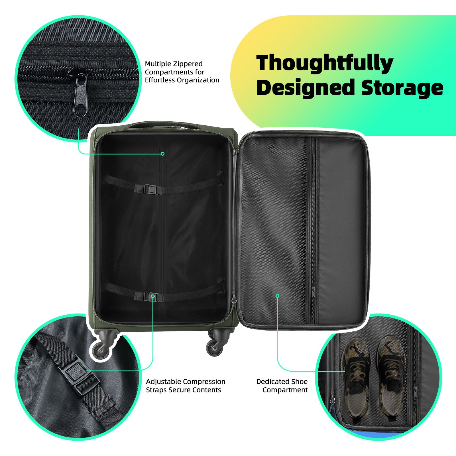 Luggage Suitcases Set 4 Piece Carry On Travel Case Soft Sided Cabin Checked Travelling Bags TSA Lock Rolling Trolley Expandable Traveller Hand Baggage